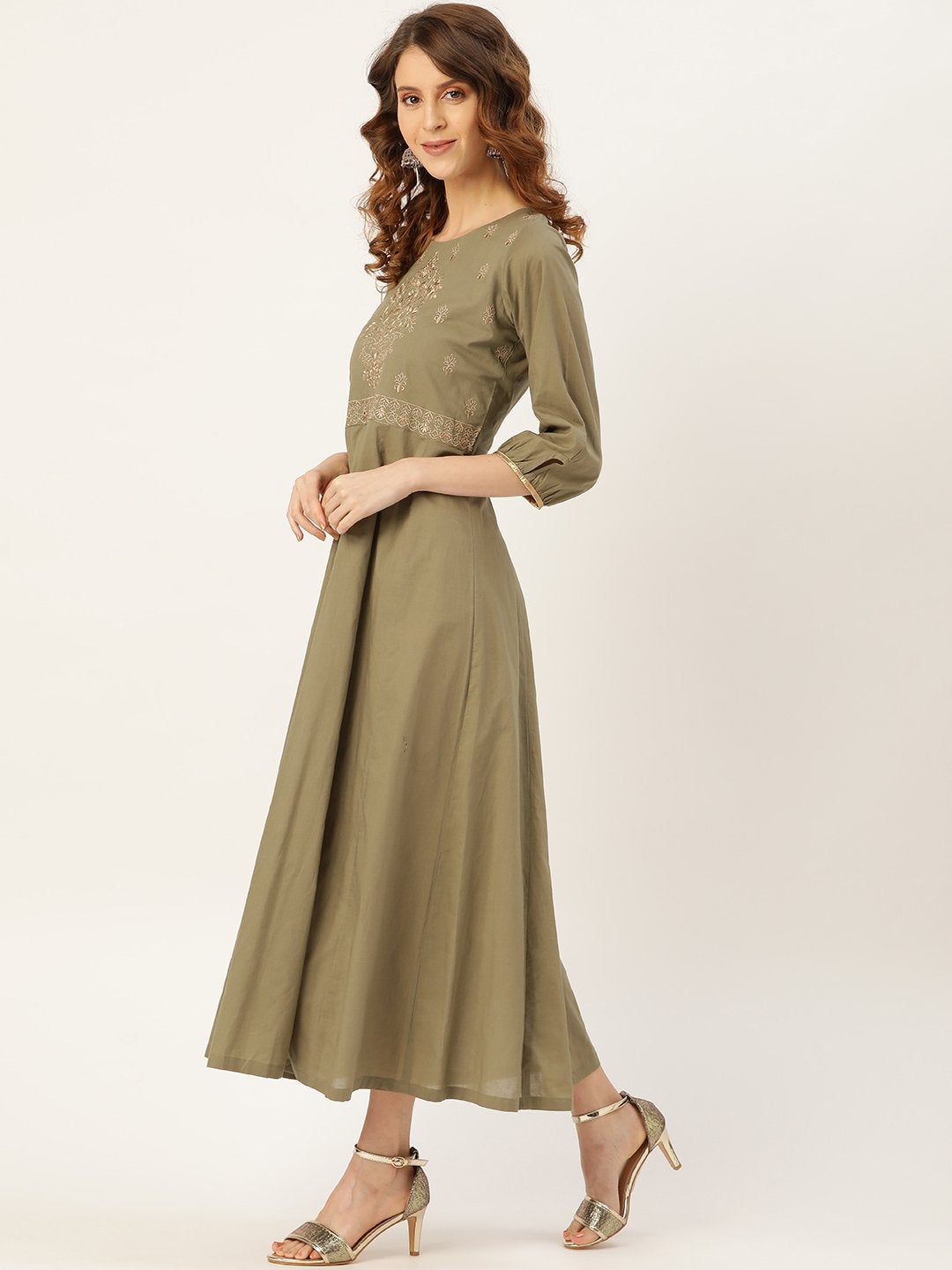 Women's Olive Zari Embroidery Kurta Dress - SASSAFRAS