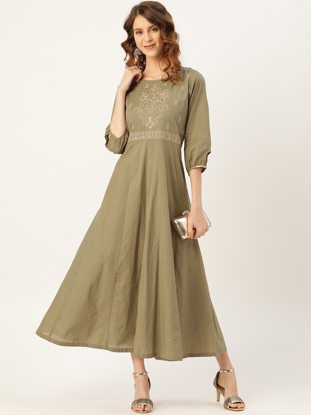 Women's Olive Zari Embroidery Kurta Dress - SASSAFRAS