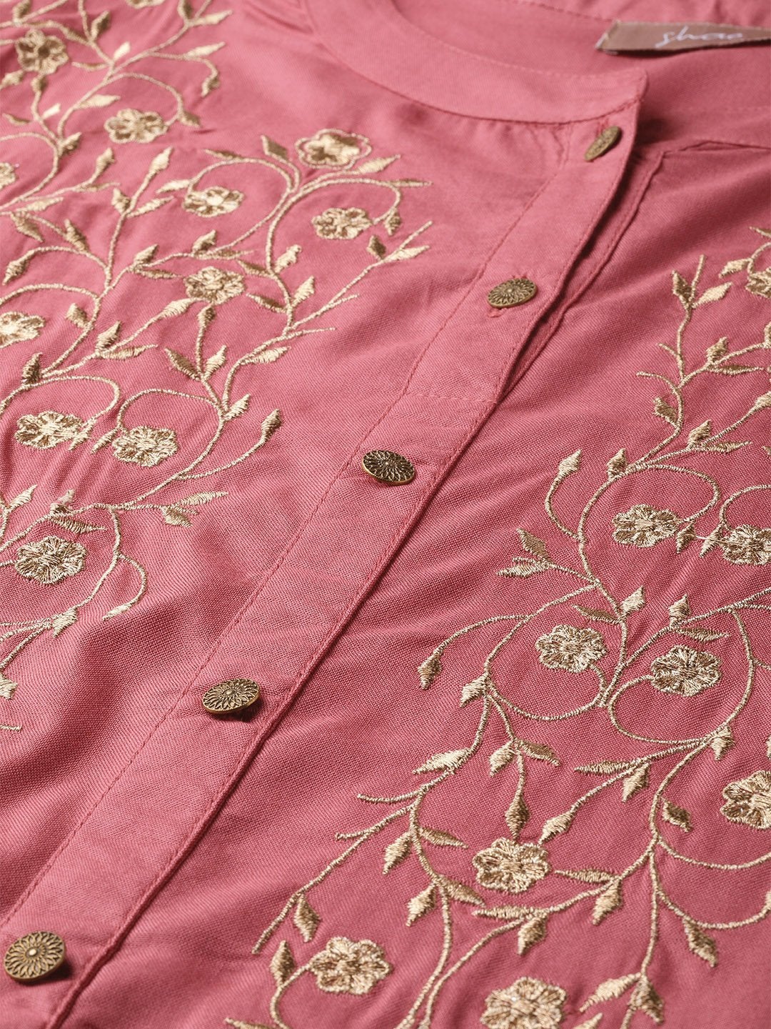 Women's Pink Zari Embroidery Front Open A-Line Kurta - SHAE