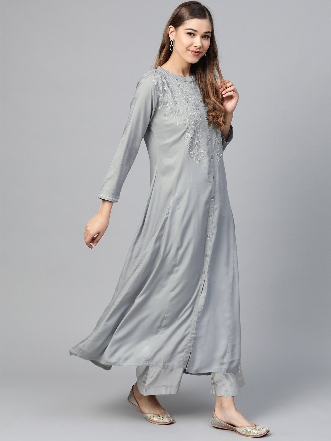 Women's Grey Zari Embroidery Front Open A-Line Kurta - SHAE