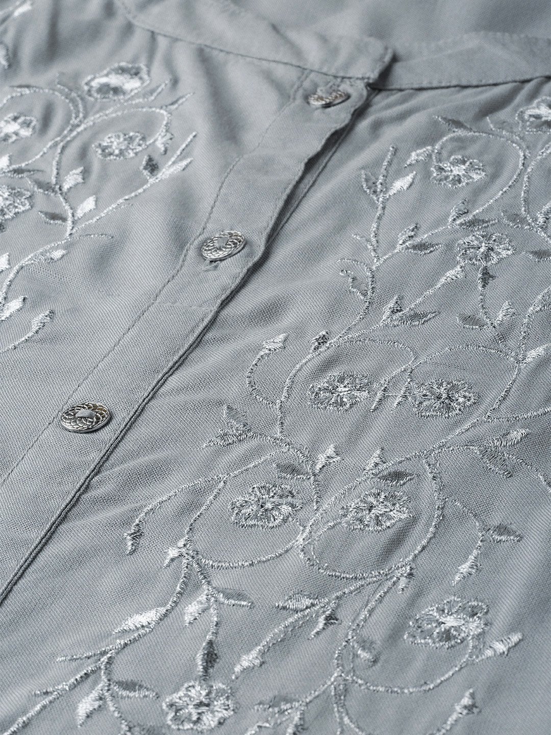 Women's Grey Zari Embroidery Front Open A-Line Kurta - SHAE