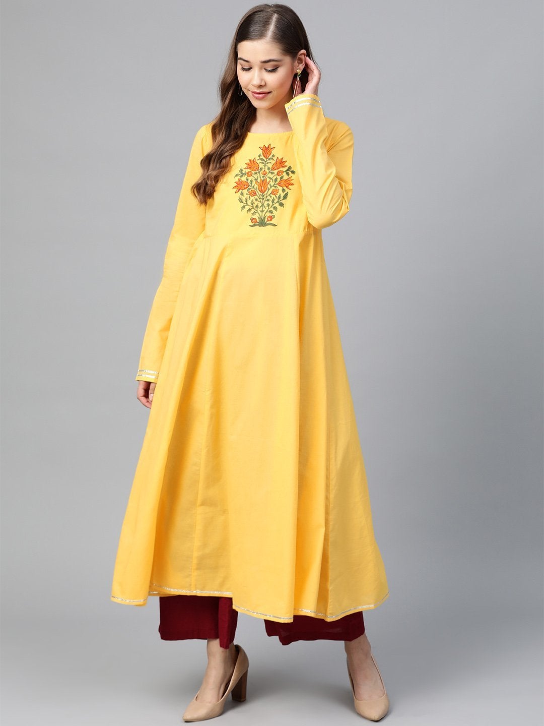 Women's Yellow Block Print Full Sleeve Anarkali - SHAE