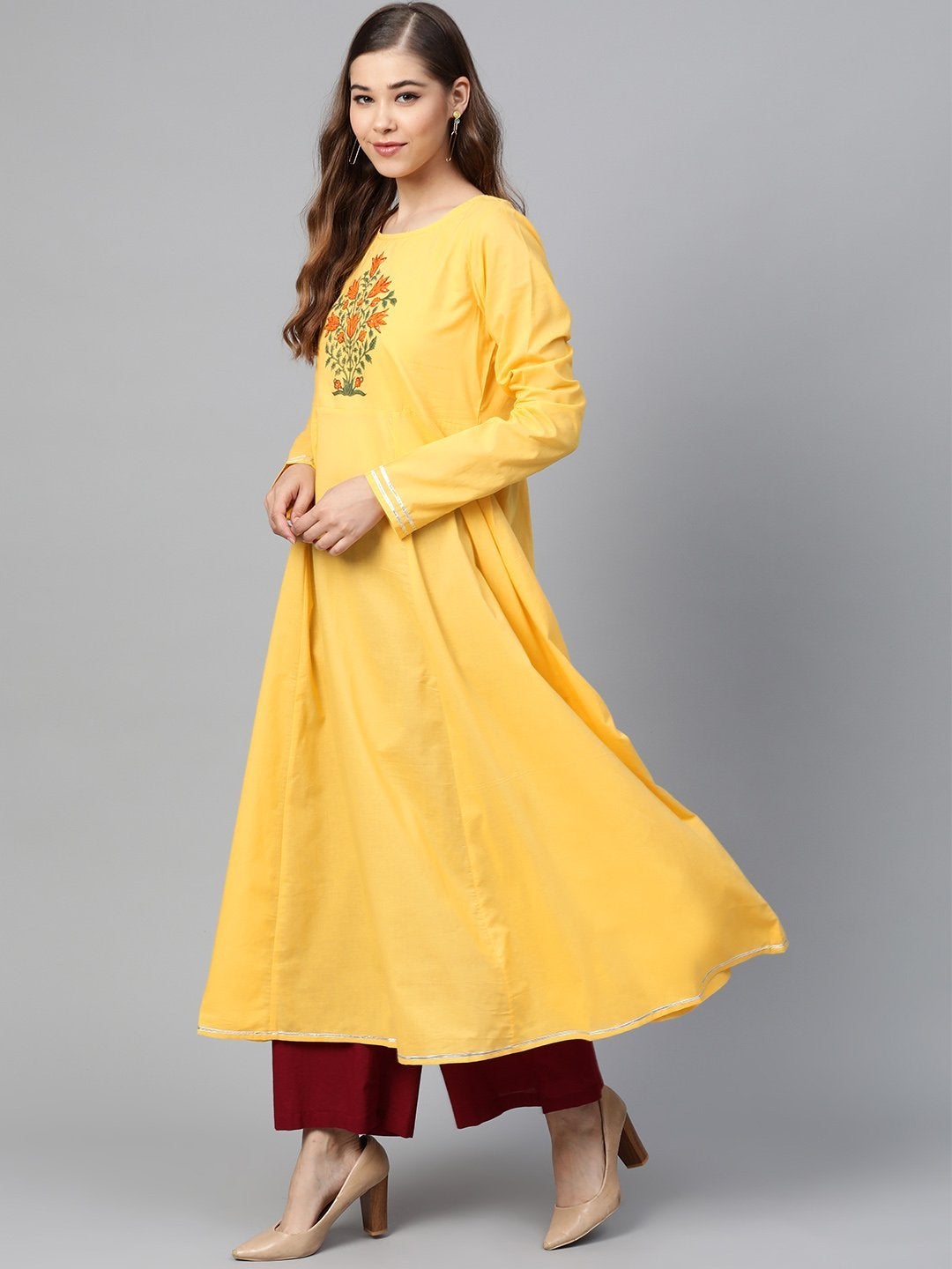 Women's Yellow Block Print Full Sleeve Anarkali - SHAE