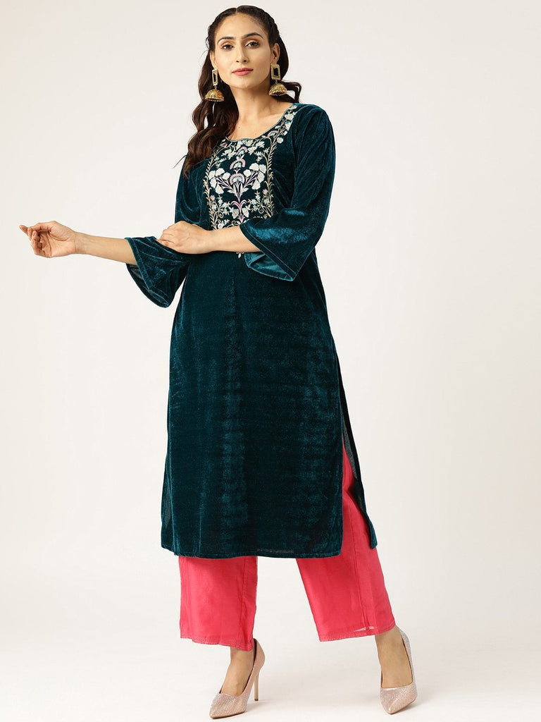 Women's Green Zari Floral Embroidery Velvet Kurta