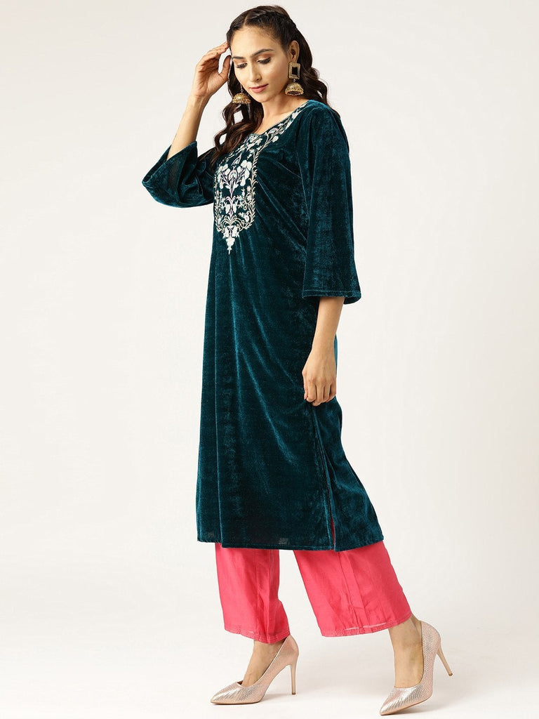 Women's Green Zari Floral Embroidery Velvet Kurta