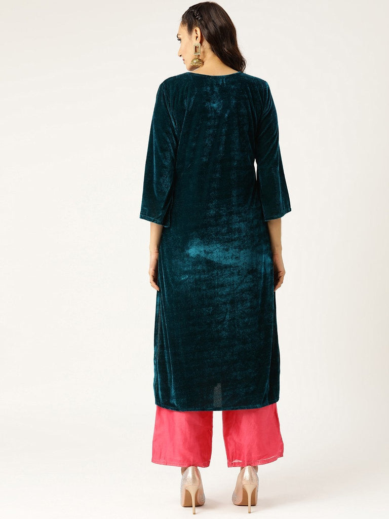 Women's Green Zari Floral Embroidery Velvet Kurta
