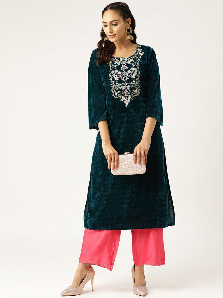 Women's Green Zari Floral Embroidery Velvet Kurta