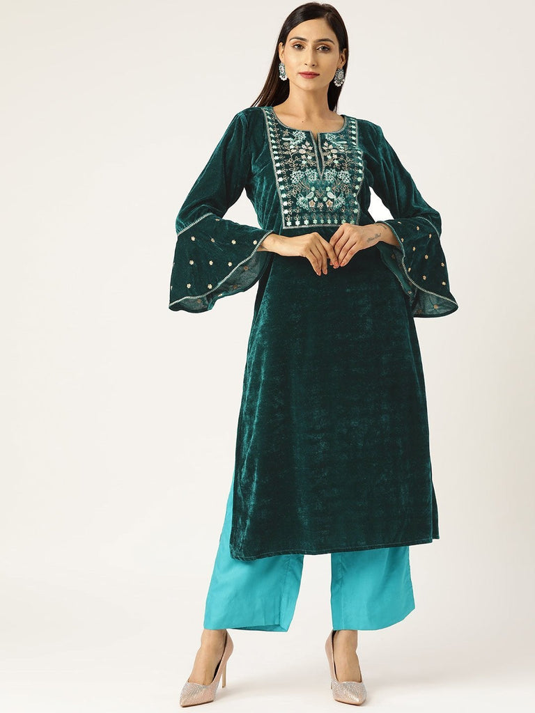 Women's Green Velvet Flute Sleeve Embroidery Kurta