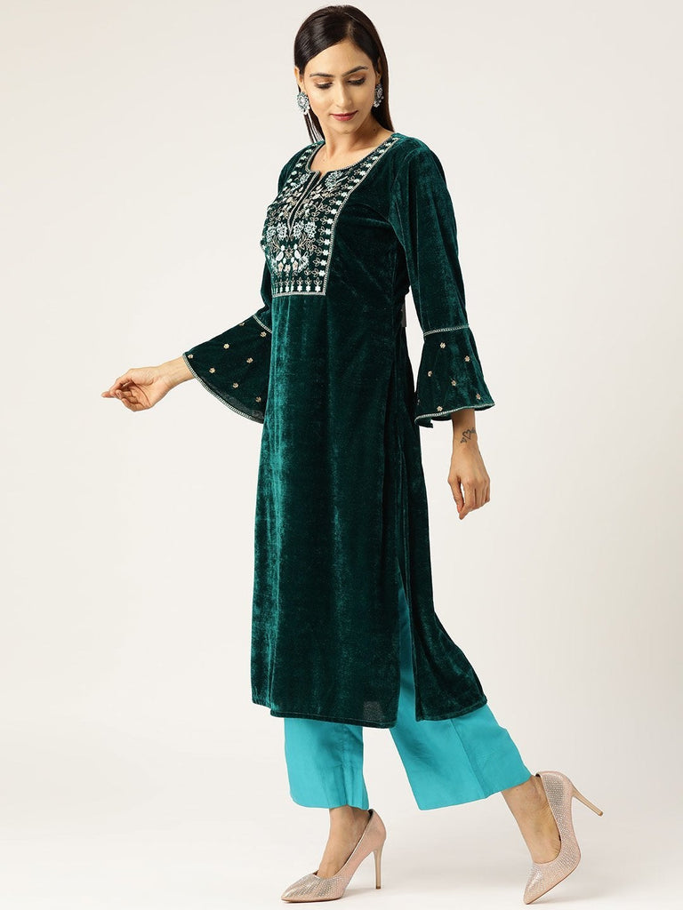 Women's Green Velvet Flute Sleeve Embroidery Kurta