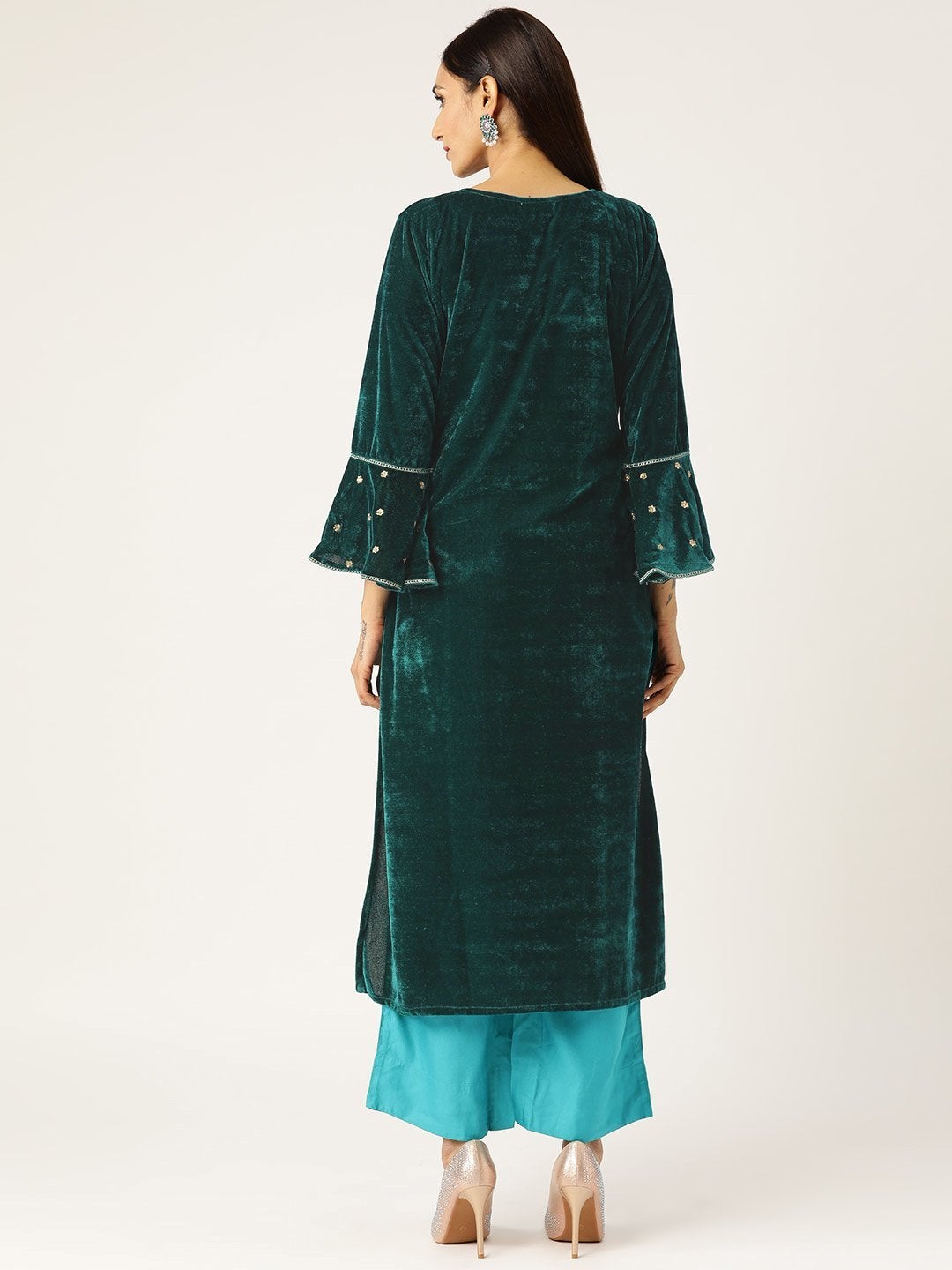 Women's Green Velvet Flute Sleeve Embroidery Kurta - SHAE