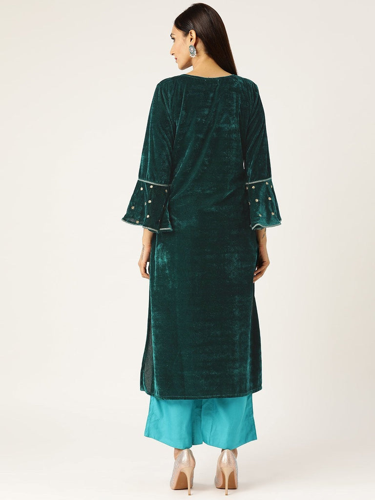 Women's Green Velvet Flute Sleeve Embroidery Kurta