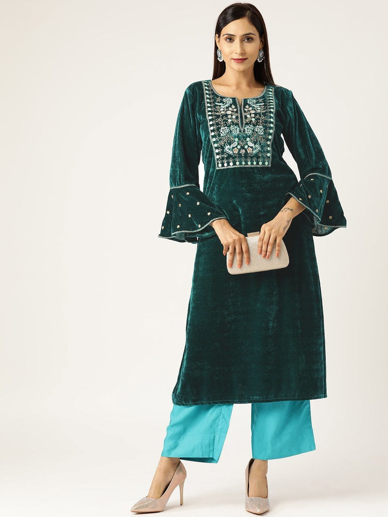 Women's Green Velvet Flute Sleeve Embroidery Kurta