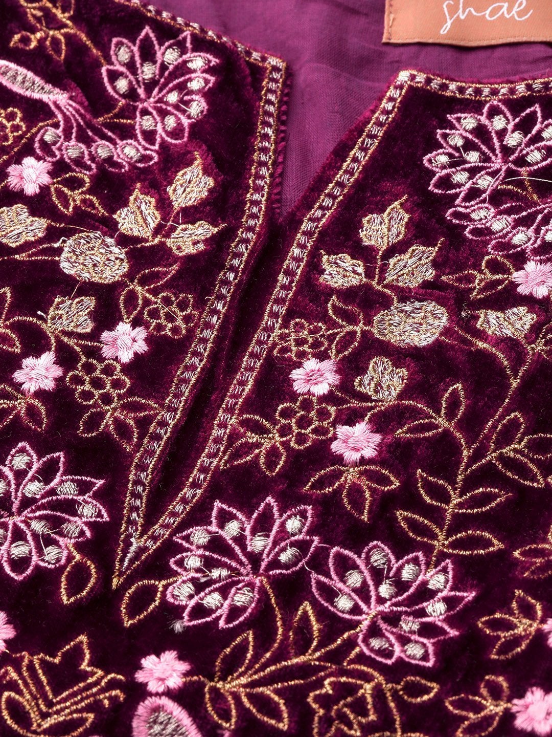 Women's Purple Velvet Flute Sleeve Embroidery Kurta - SHAE