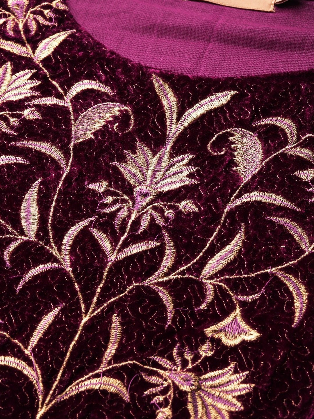 Women's Purple Embroidered Straight Velvet Kurta - SHAE