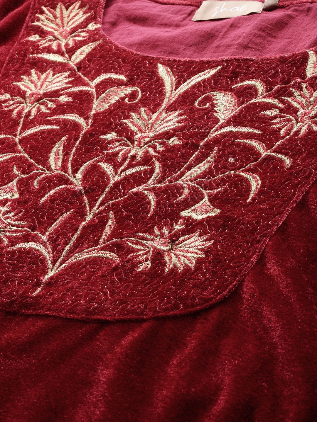 Women's Maroon Embroidered Straight Velvet Kurta - SHAE