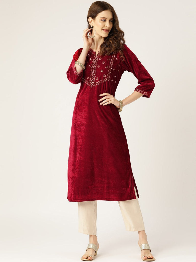 Women's Maroon Zari Embroidery V-Slit Straight Velvet Kurta