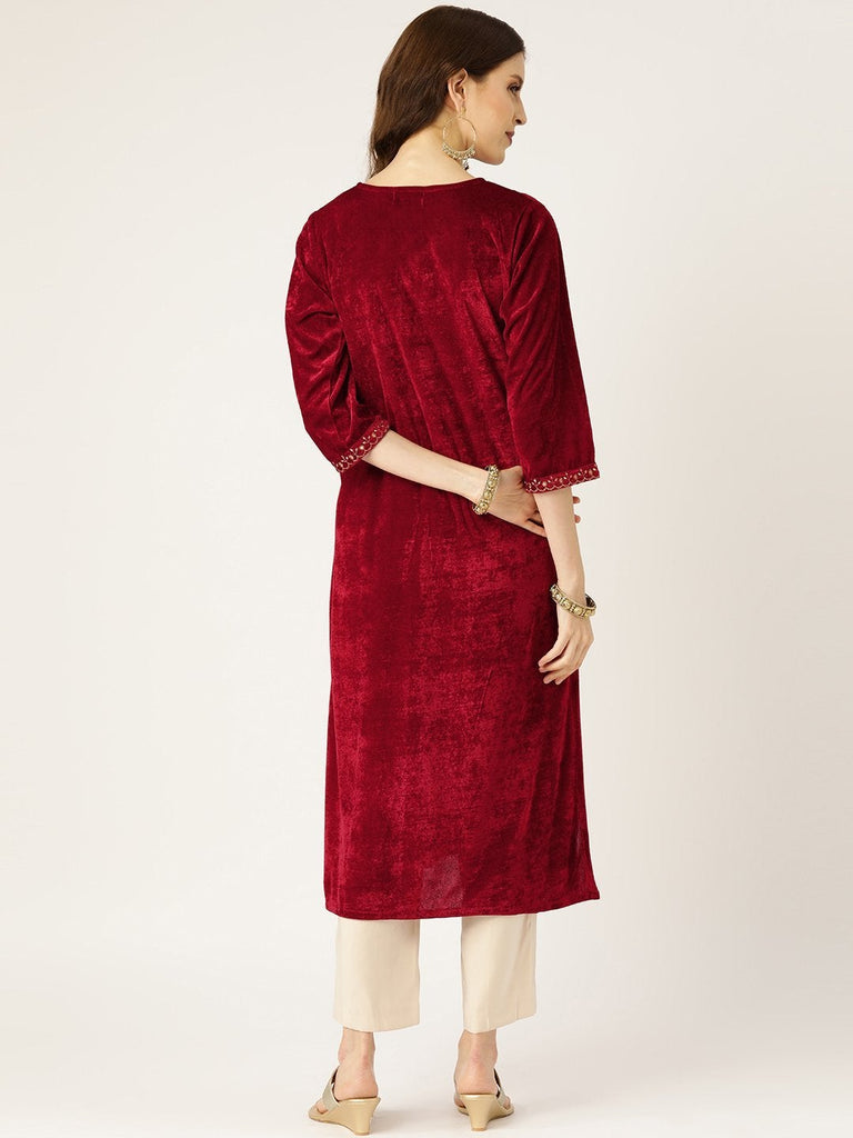 Women's Maroon Zari Embroidery V-Slit Straight Velvet Kurta