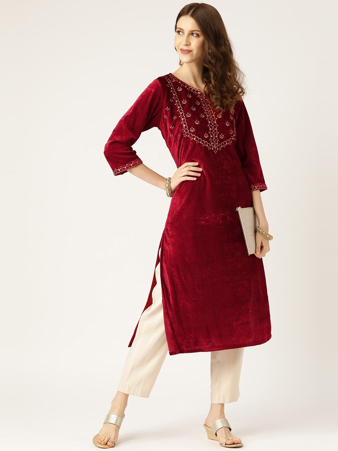 Women's Maroon Zari Embroidery V-Slit Straight Velvet Kurta - SHAE