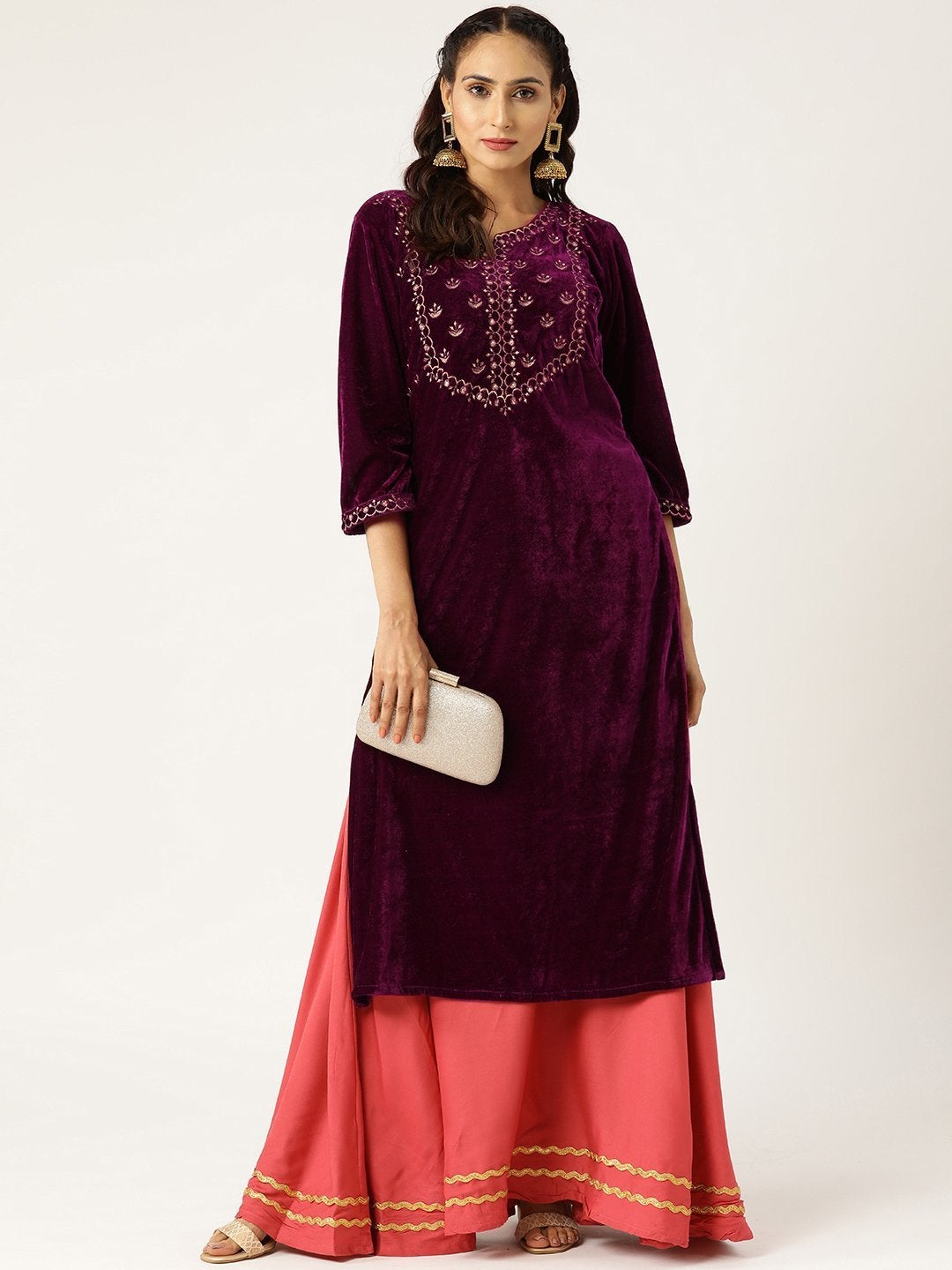 Women's Purple Zari Embroidery V-Slit Straight Velvet Kurta - SHAE
