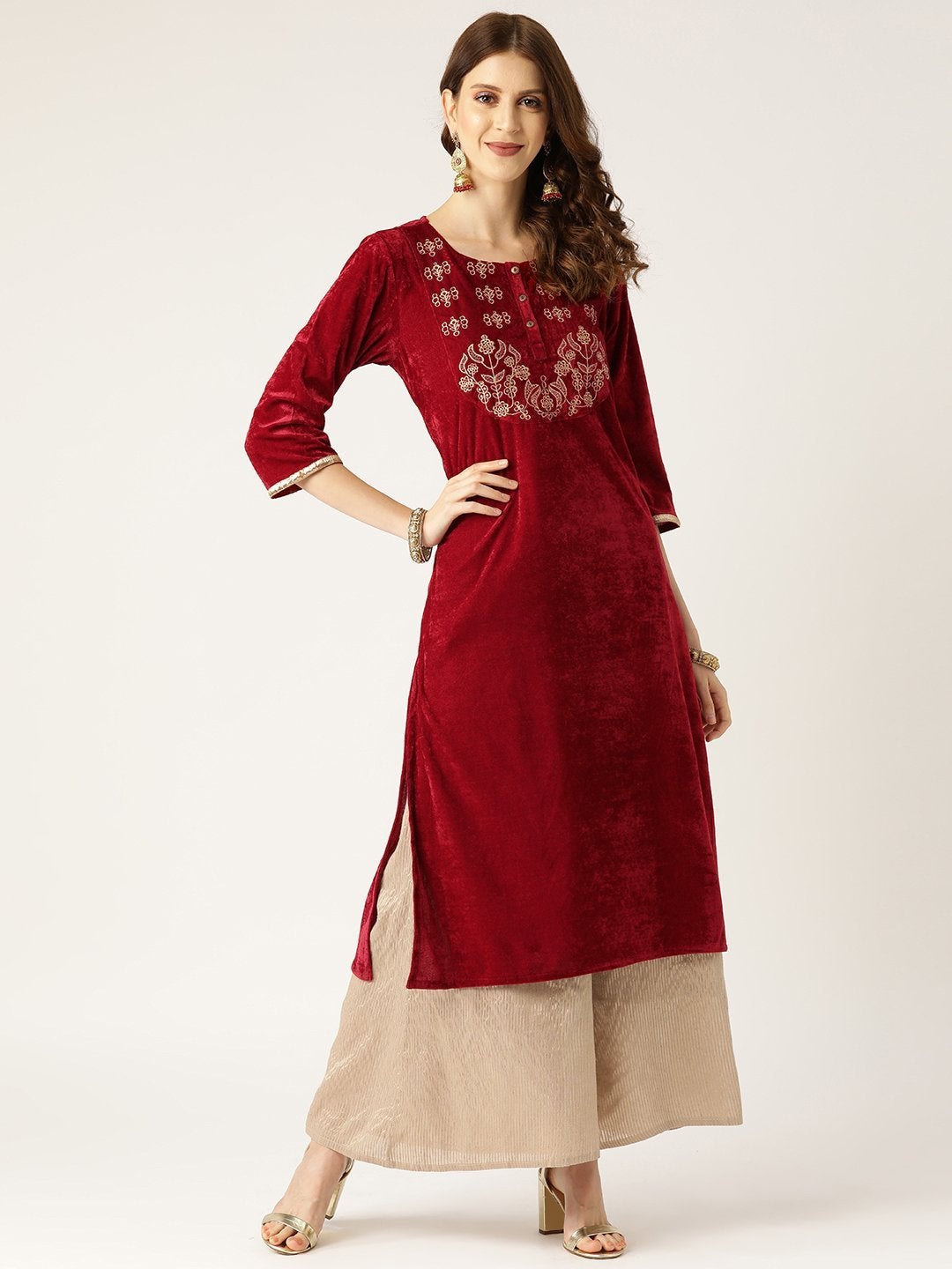 Women's Maroon Zari Embroidered Velvet Kurta - SHAE
