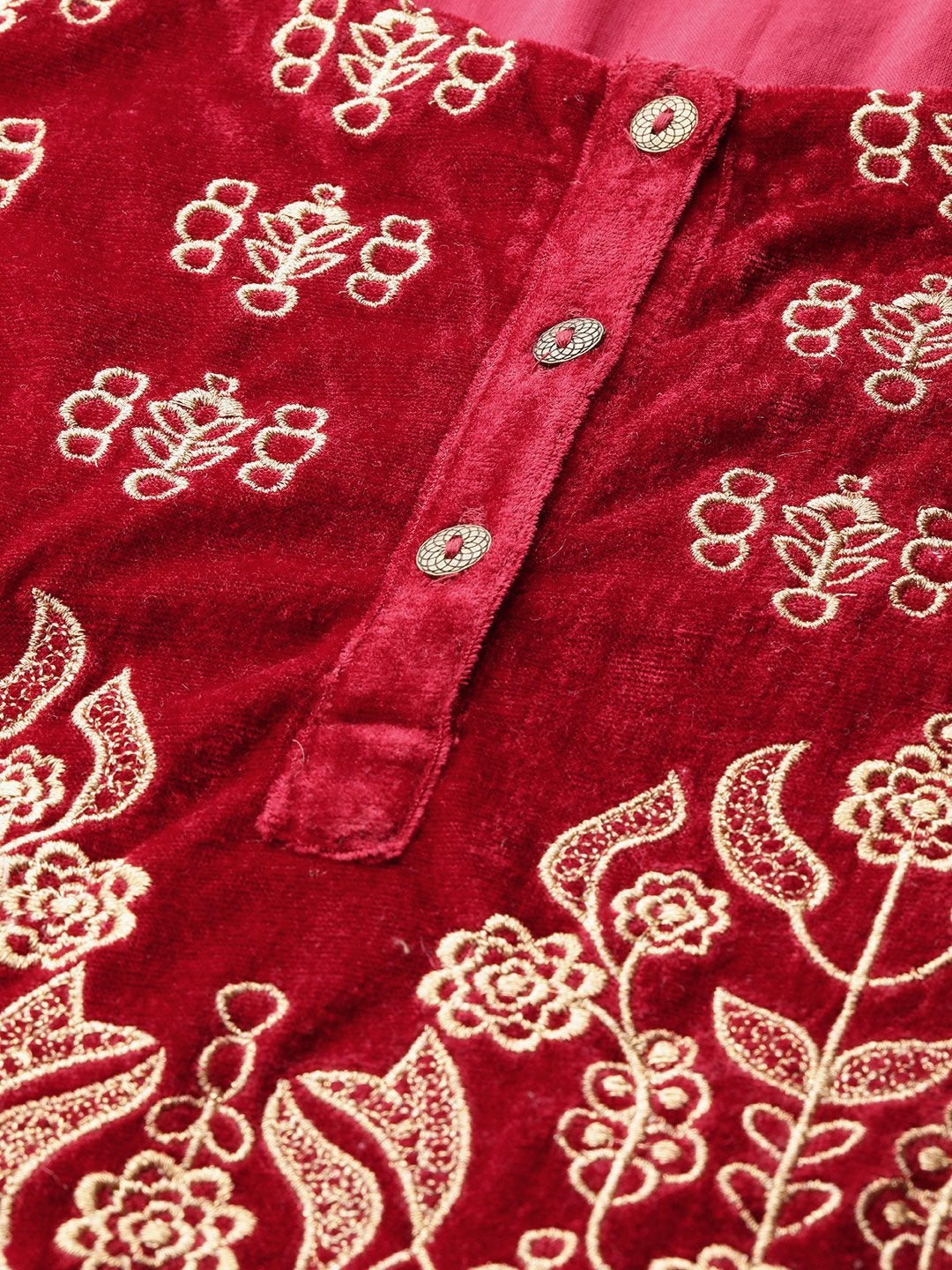 Women's Maroon Zari Embroidered Velvet Kurta - SHAE