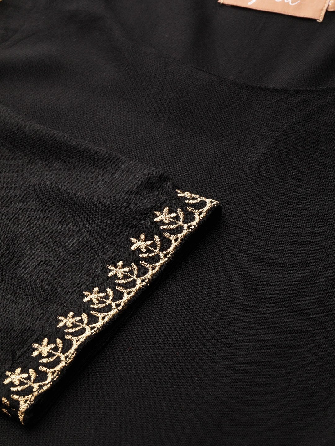 Women's Black Zari Embroidery Front Slit Kurta - SHAE