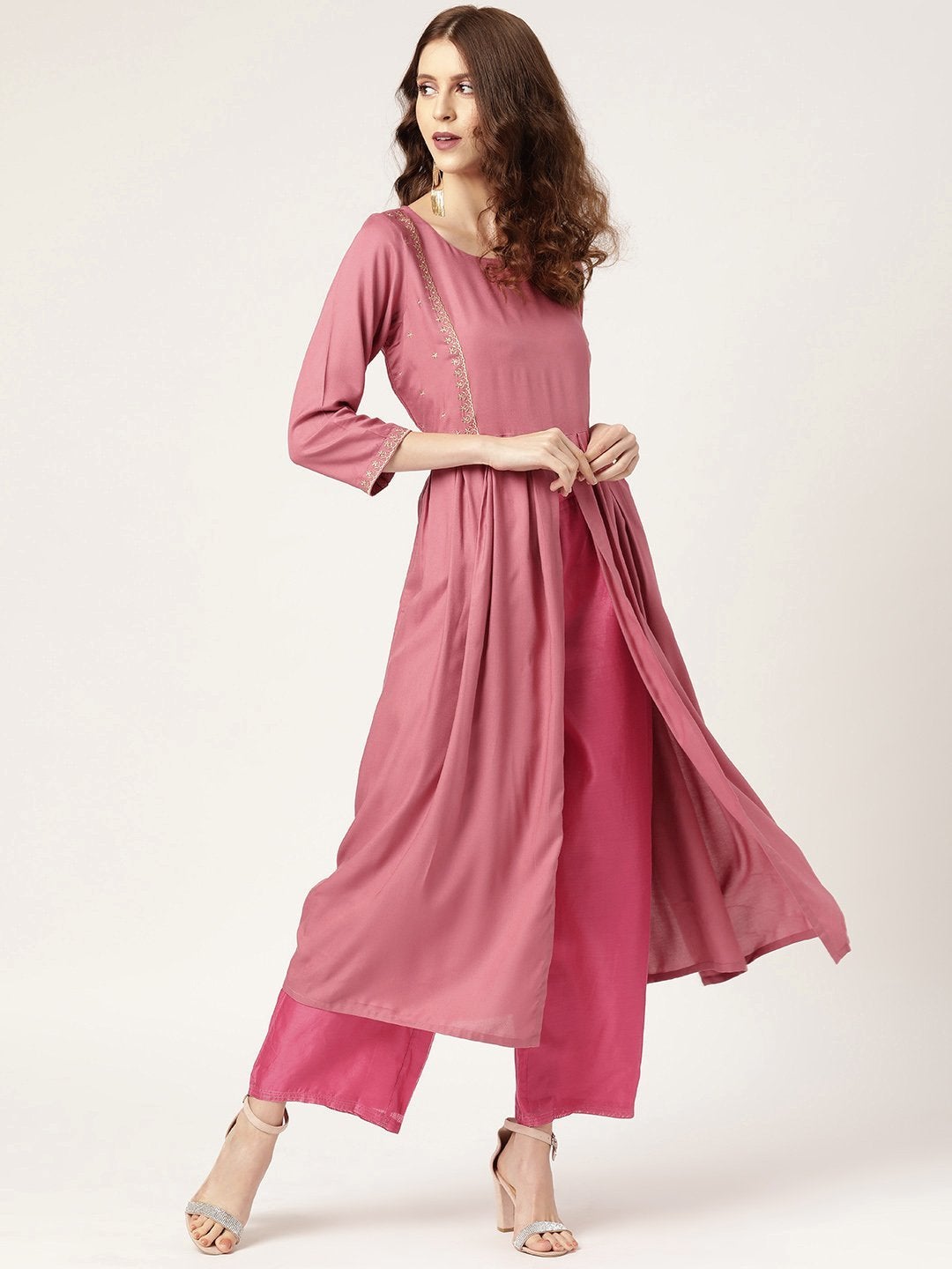 Women's Pink Zari Embroidery Front Slit Kurta - SHAE