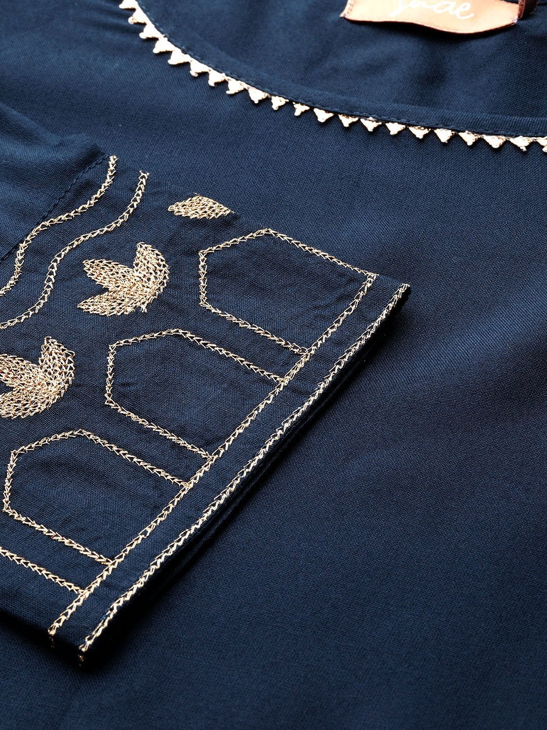 Women's Navy Zari Embroidered Cuff Sleeve Kurta - SHAE