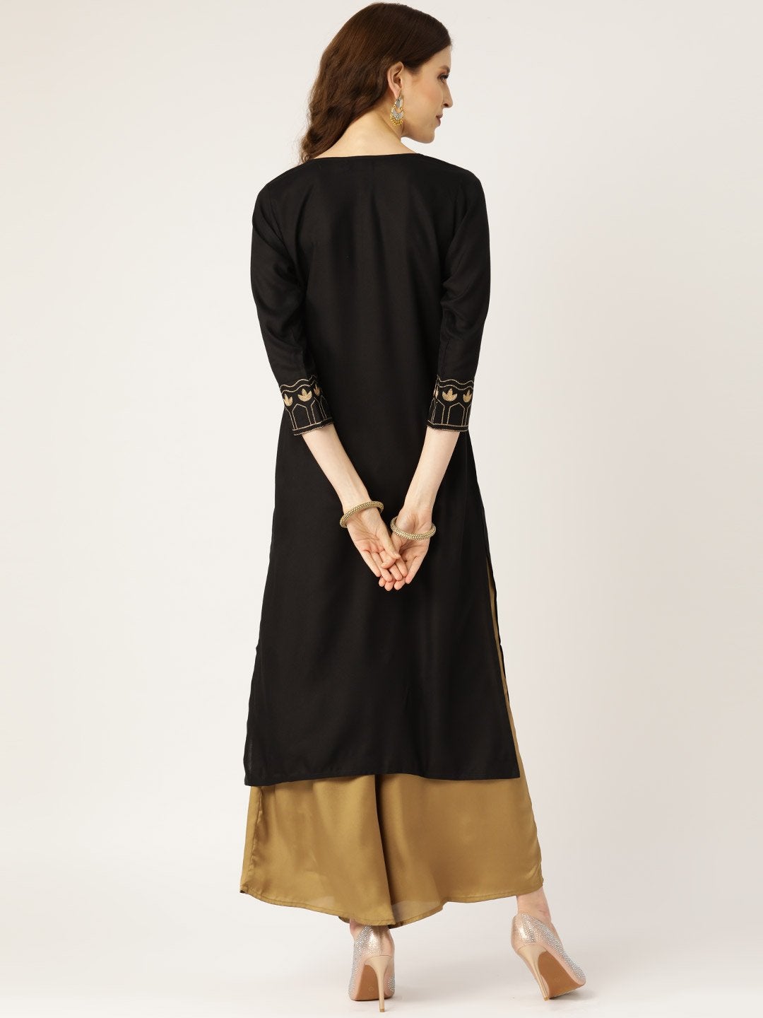 Women's Black Zari Embroidered Cuff Sleeve Kurta - SHAE