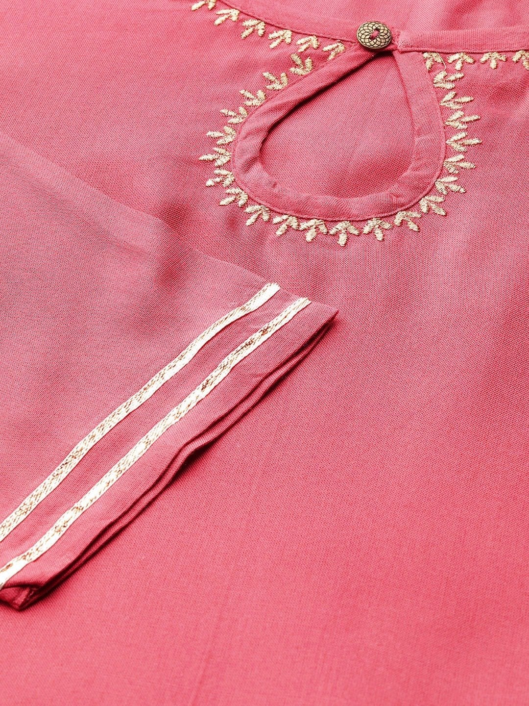 Women's Pink Front Keyhole Zari Embroidery Kurta - SHAE
