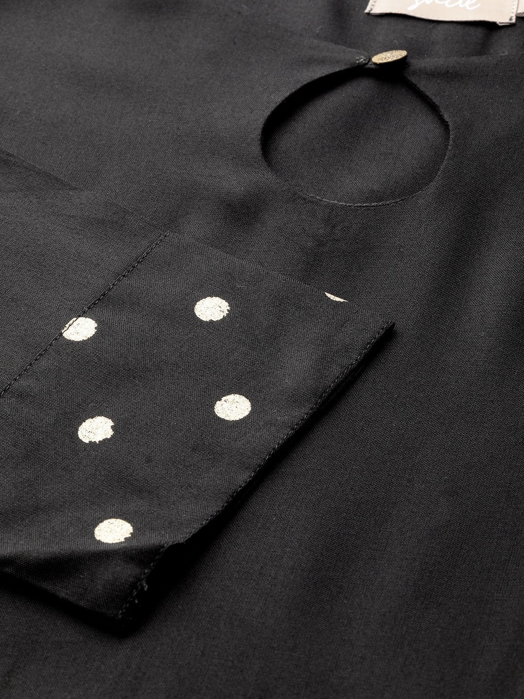Women's Black Foil Print Cuff Sleeve Anarkali Kurta - SHAE