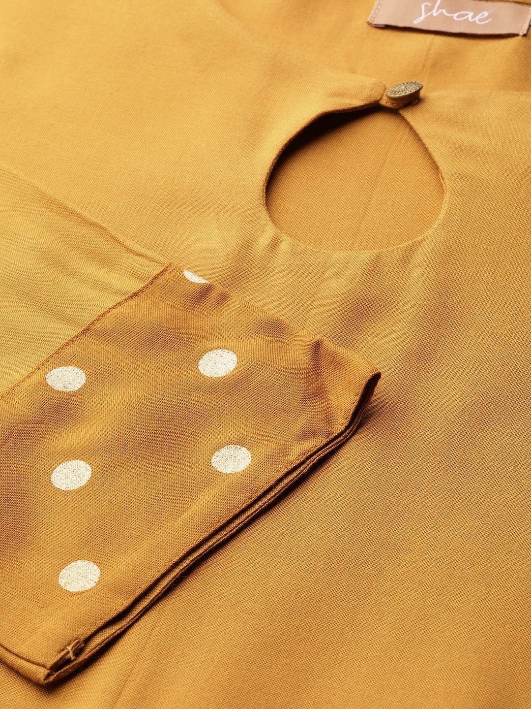 Women's Mustard Foil Print Cuff Sleeve Anarkali Kurta - SHAE