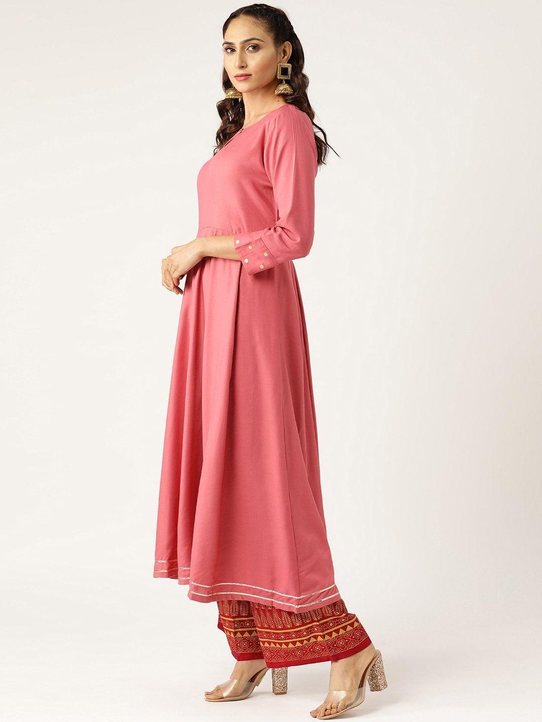 Women's Pink Foil Print Cuff Sleeve Anarkali Kurta - SHAE