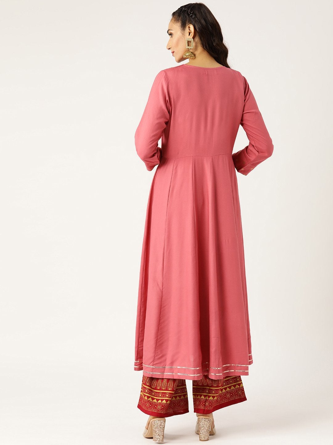 Women's Pink Foil Print Cuff Sleeve Anarkali Kurta - SHAE