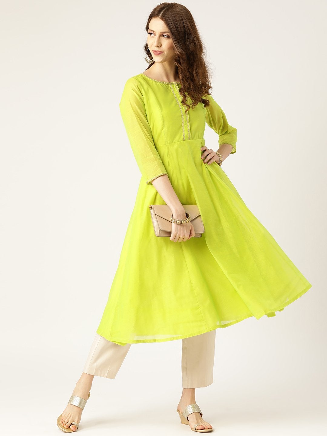 Women's Lime Green Chanderi Lace Anarkali Kurta - SHAE