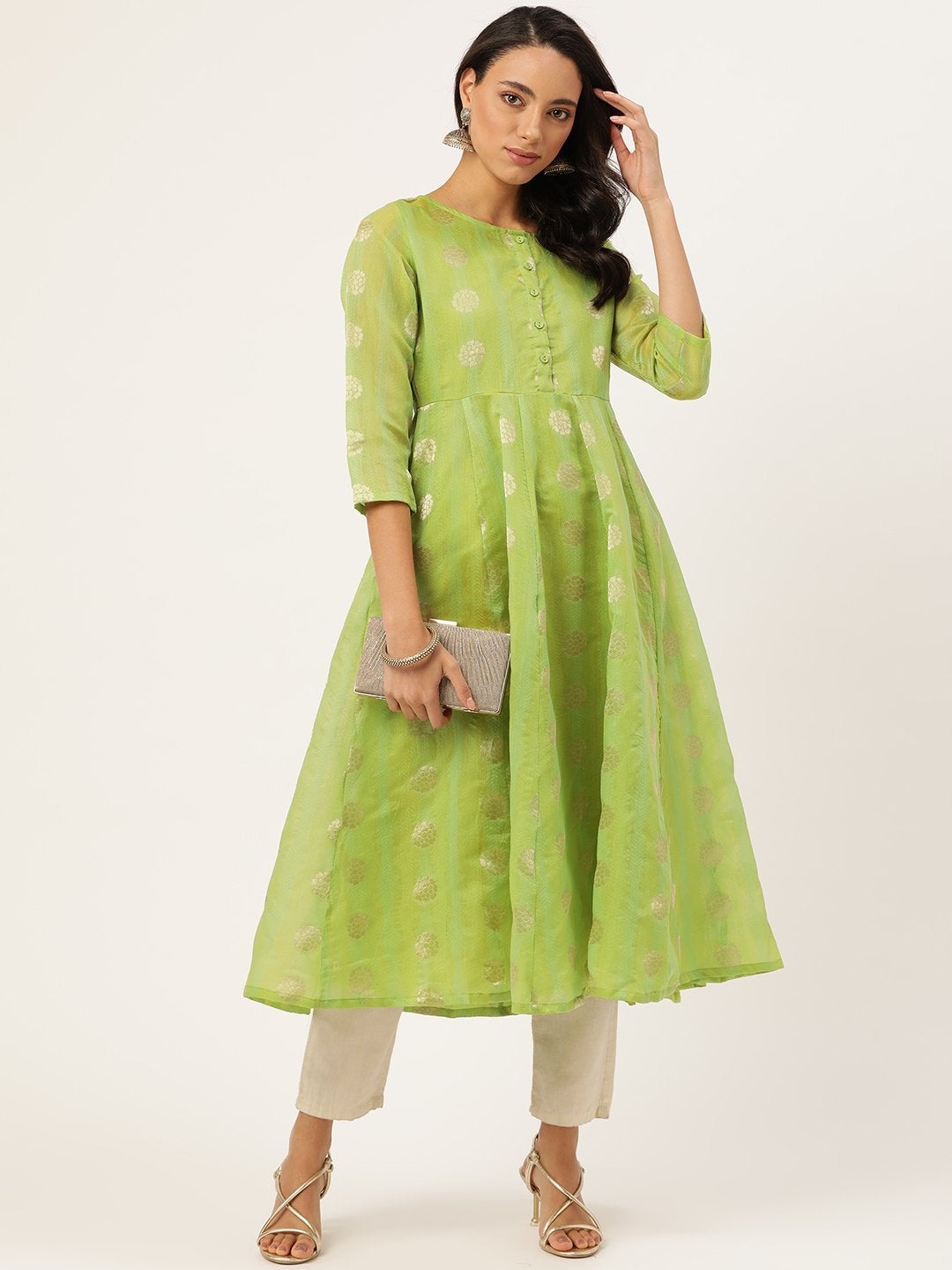 Women's Green Chanderi Jacquard Anarkali Kurta - SHAE