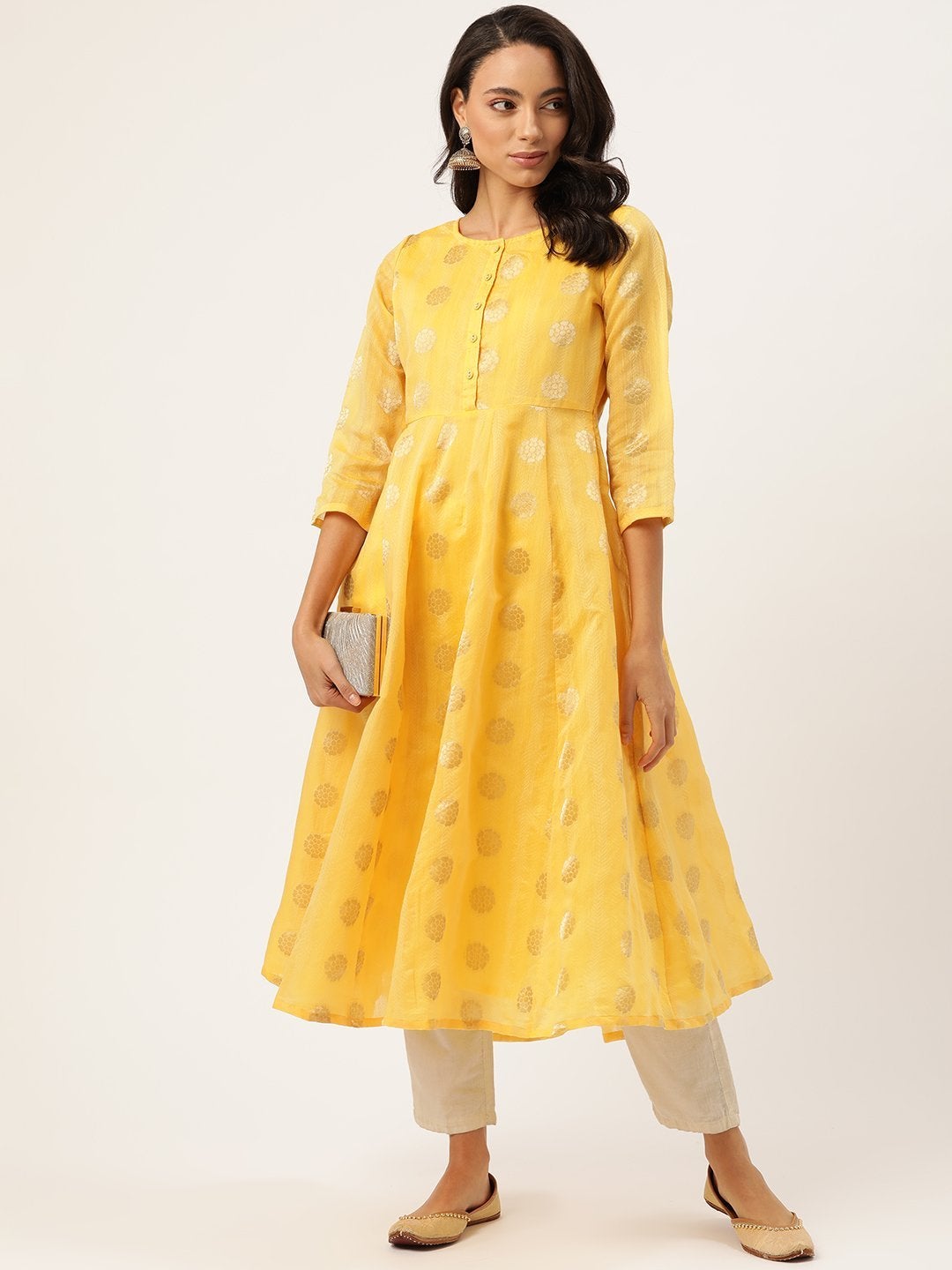 Women's Yellow Chanderi Jacquard Anarkali Kurta - SHAE