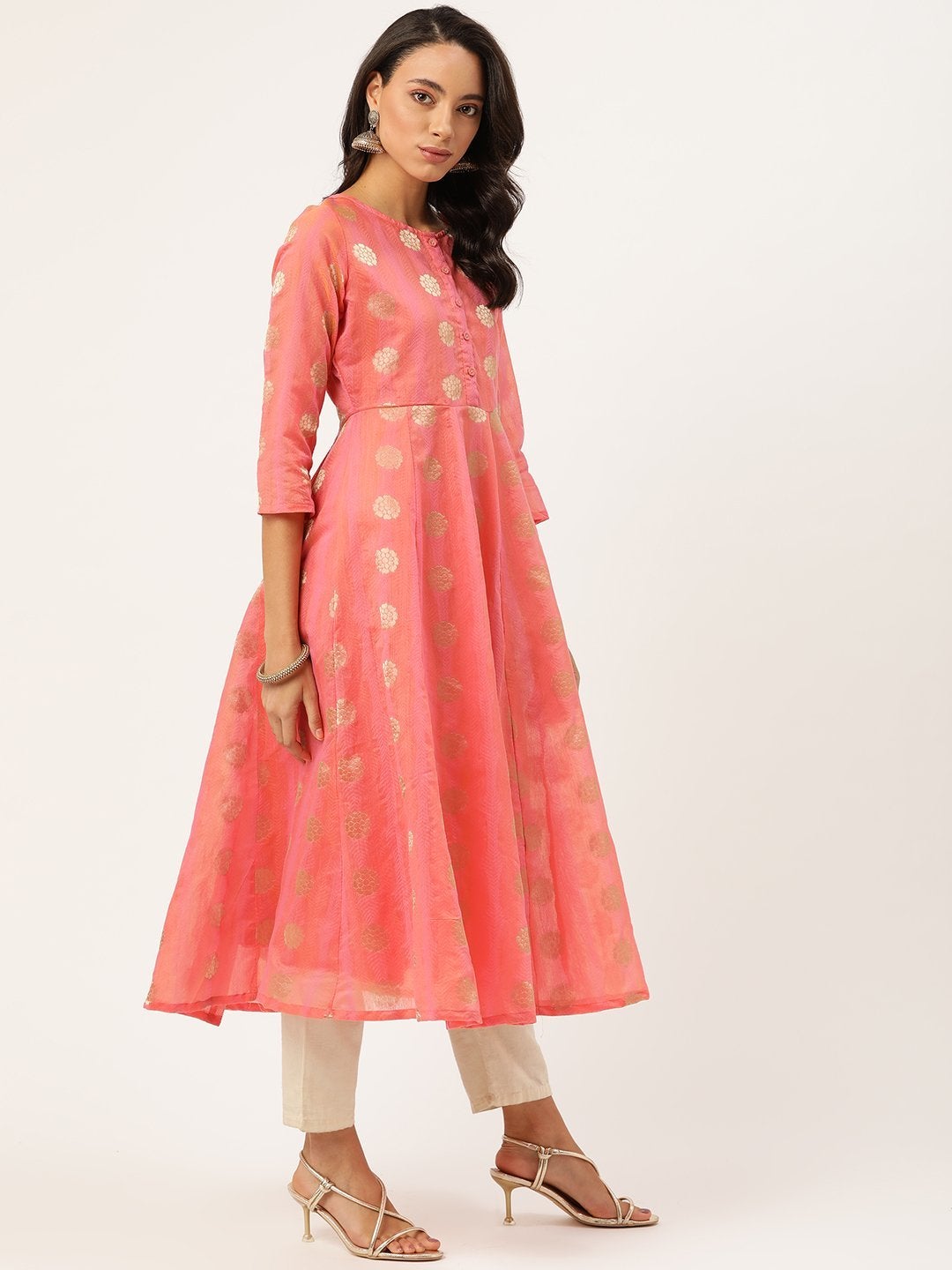 Women's Pink Chanderi Jacquard Anarkali Kurta - SHAE