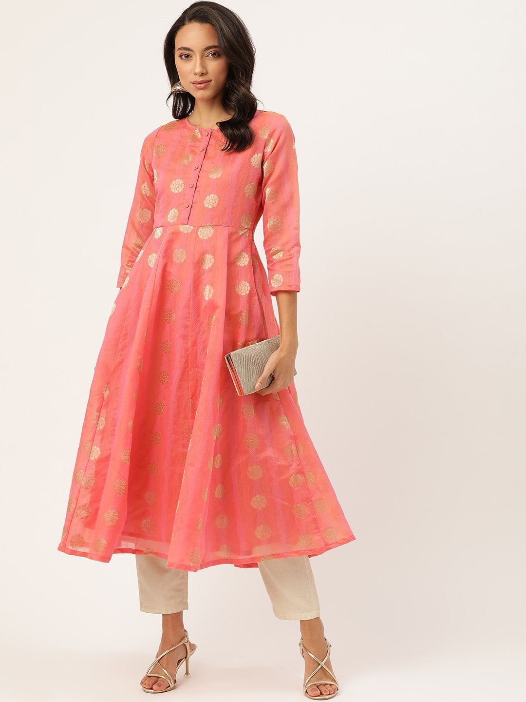Women's Pink Chanderi Jacquard Anarkali Kurta - SHAE