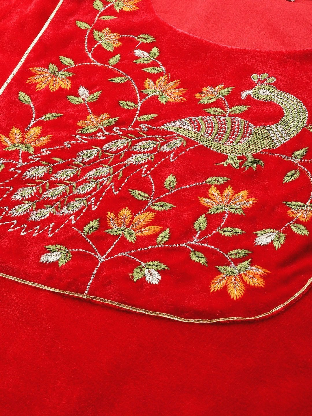 Women's Red Peacock Zari Embroidered Kurta - SHAE