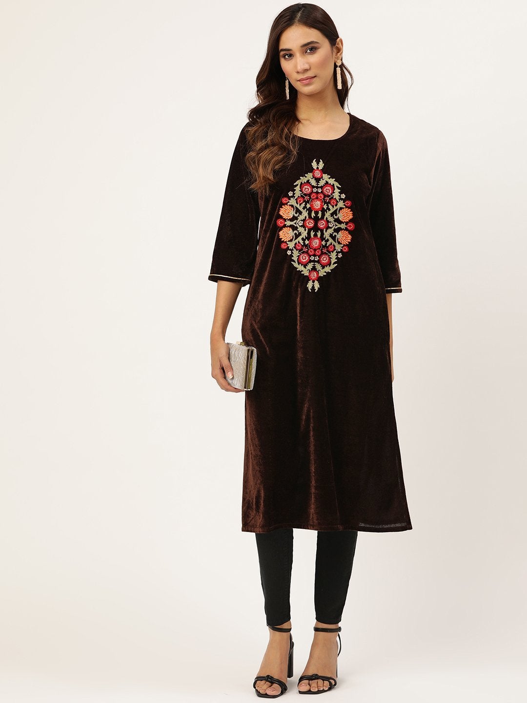 Women's Brown Centre Motif Zari Embroidered Kurta - SHAE