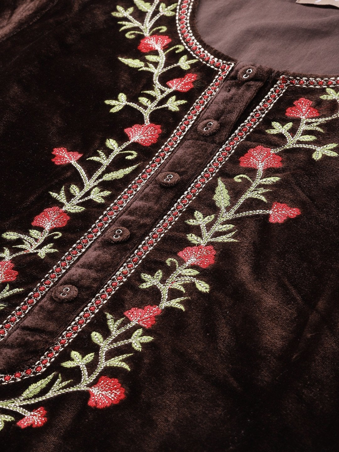 Women's Brown Zari Embroidered Placket Kurta - SHAE