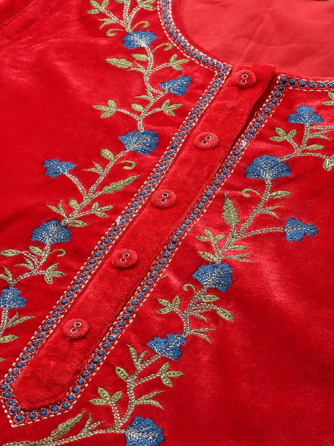Women's Red Zari Embroidered Placket Kurta - SHAE