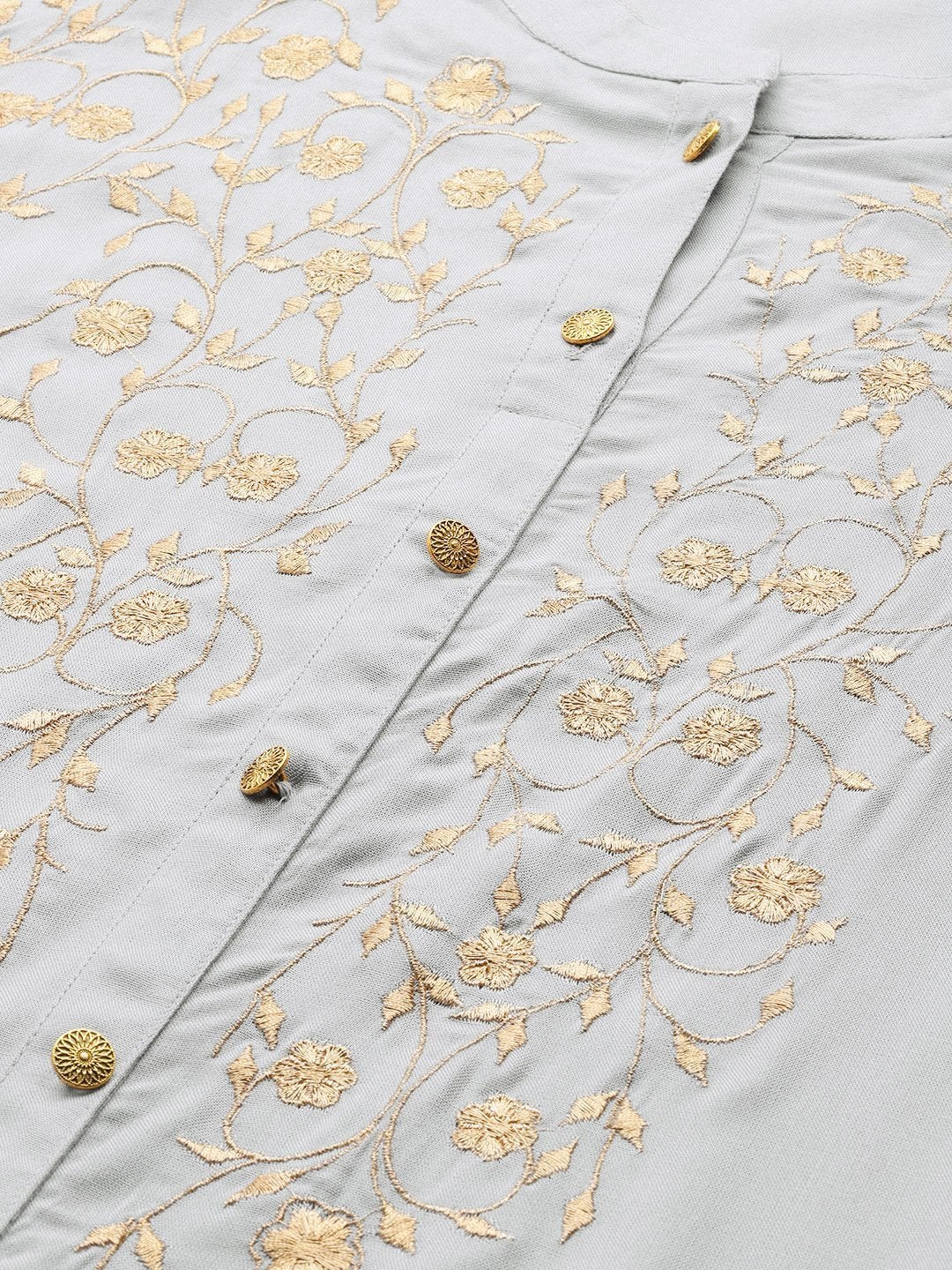 Women's Grey Golden Zari Embroidery A-Line Kurta - SHAE