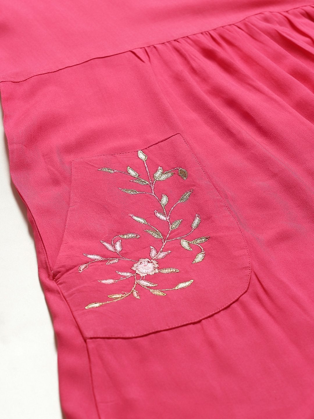 Women's Fuchsia Pocket Embroidered Gathered Kurta - SHAE