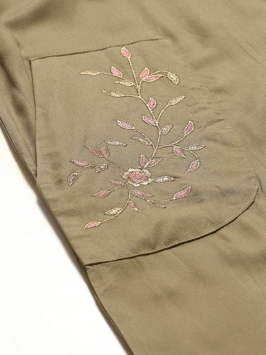 Women's Olive Pocket Embroidered Gathered Kurta - SHAE