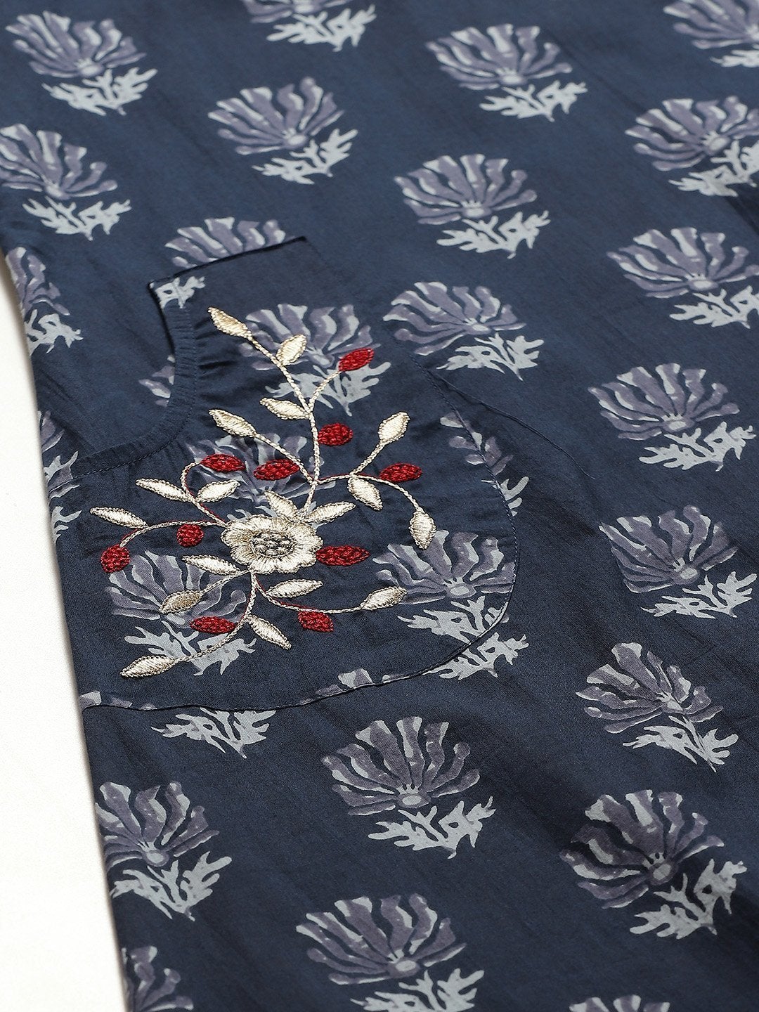 Women's Navy Lotus Floral Pocket Embroidery Kurta - SHAE