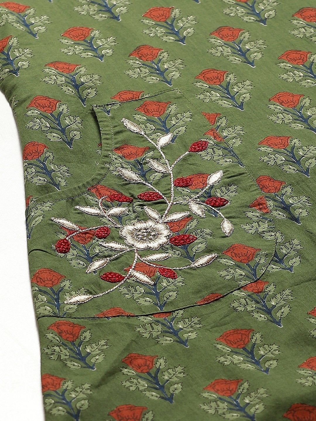 Women's Olive Floral Pocket Embroidery Kurta - SHAE