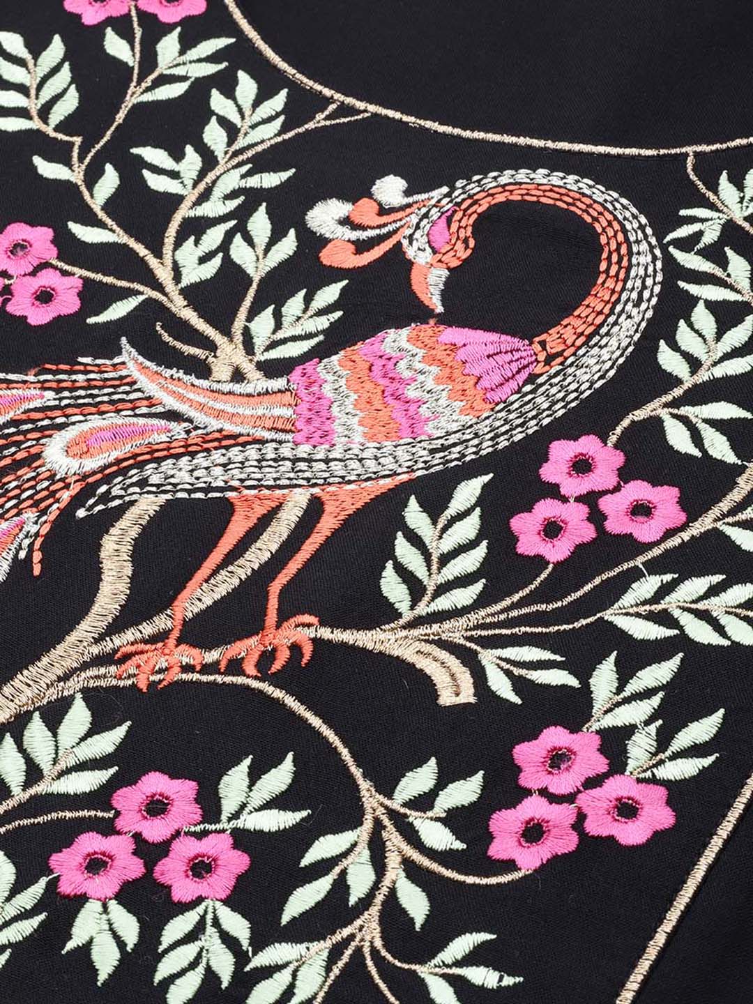 Women's Black Peacock Motif Embroidery Anarkali Kurta - SHAE