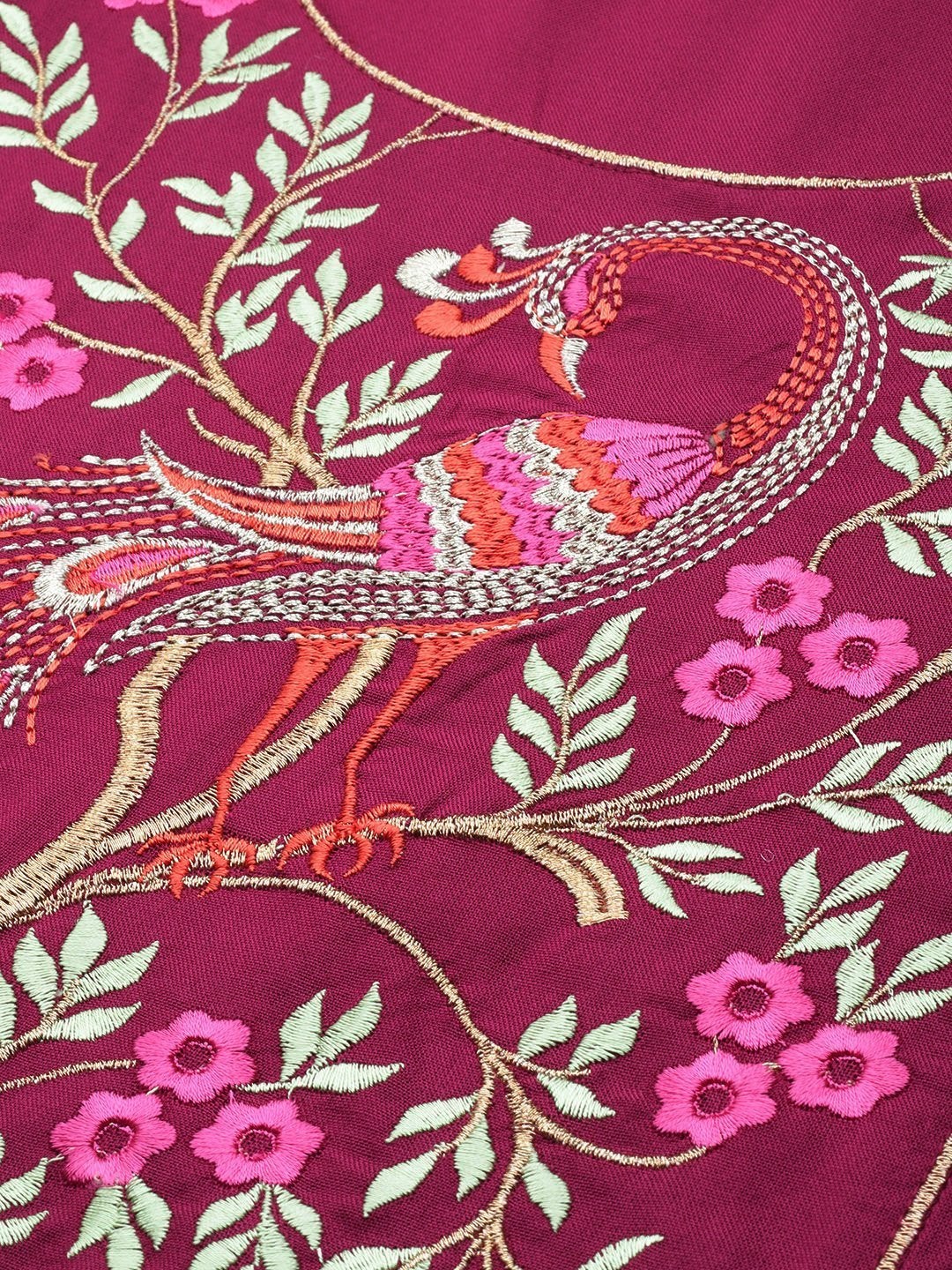 Women's Burgundy Peacock Motif Embroidery Anarkali Kurta - SHAE